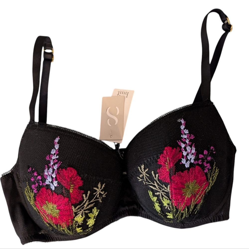 Huit Paris Floral Embroidered Black Lace Bra Women's‎ Size 34B NWT